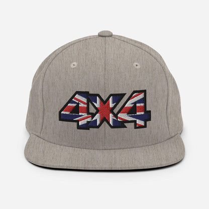 Front view of a heather grey Snapback Hat with 4x4 UK decal Embroidery