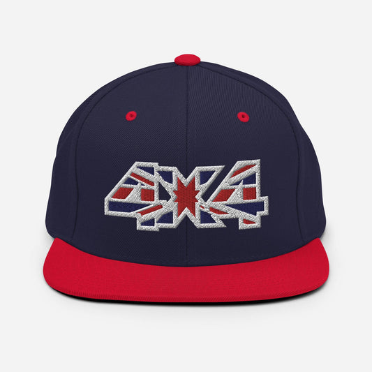 Front view of a navy blue and red classic snapback hat with a 4x4 UK decal embroidery