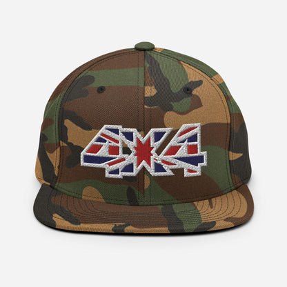 Front view of a camo classic snapback hat with a 4x4 UK decal embroidery