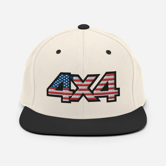 Front view of a white and black Snapback Hat with 4x4 USA decal Embroidery