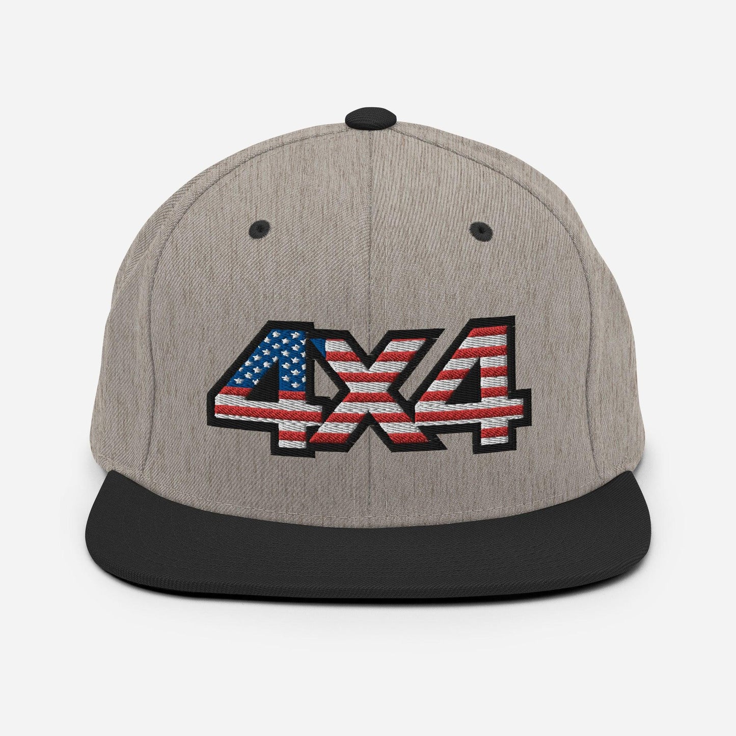 Front view of a heather grey and black Snapback Hat with 4x4 USA decal Embroidery