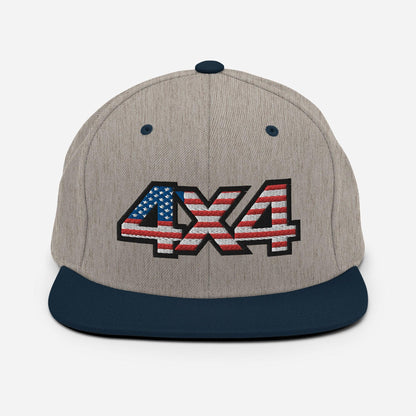 Front view of a heather grey and navy blue Snapback Hat with 4x4 USA decal Embroidery