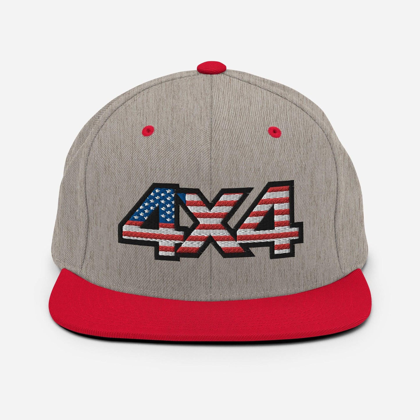 Front view of a heather grey and red blue Snapback Hat with 4x4 USA decal Embroidery