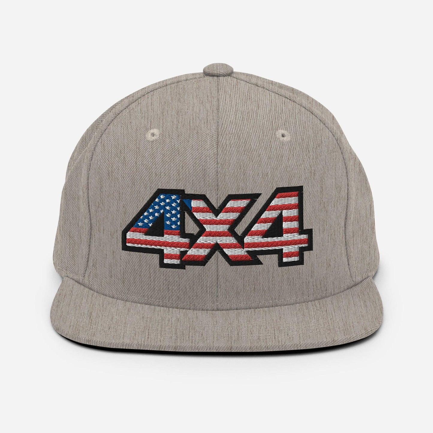 Front view of a heather grey Snapback Hat with 4x4 USA decal Embroidery