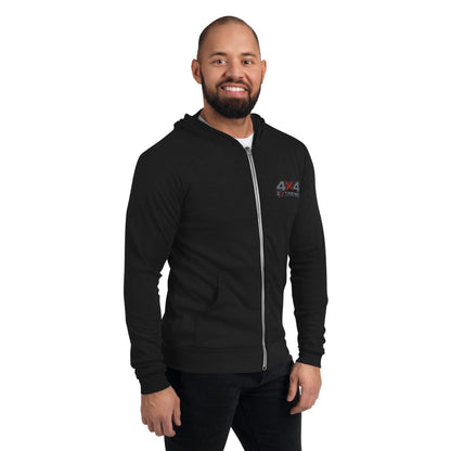 Man wearing black triblend zip hoodie with 4x4 Extreme embroidery in silver and red