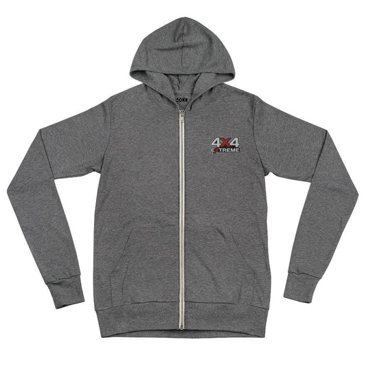 Grey triblend zip hoodie with white and red 4x4 Extreme embroidery on the left chest