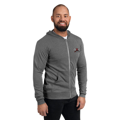 Man wearing a lightweight zip hoodie in grey triblend