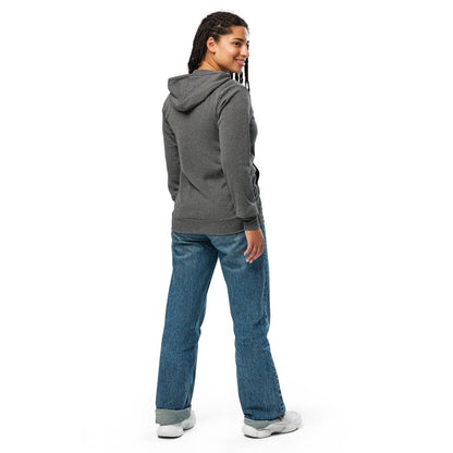 Rear view of the zip hoodie in grey triblend