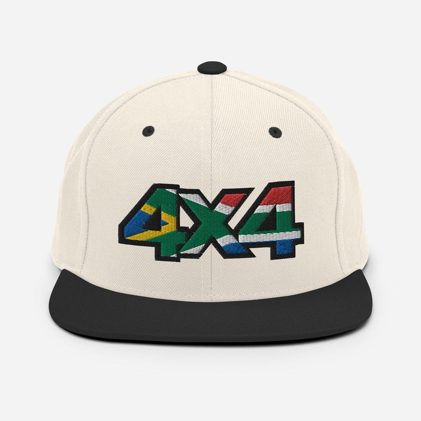 Front view of a white and black snapback hat with a 4x4 South Africa embroidery