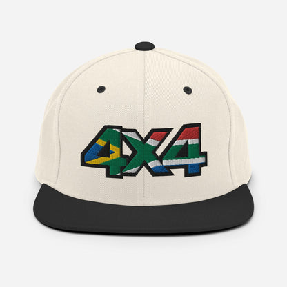 Front view of a white and black snapback hat with a 4x4 South Africa embroidery