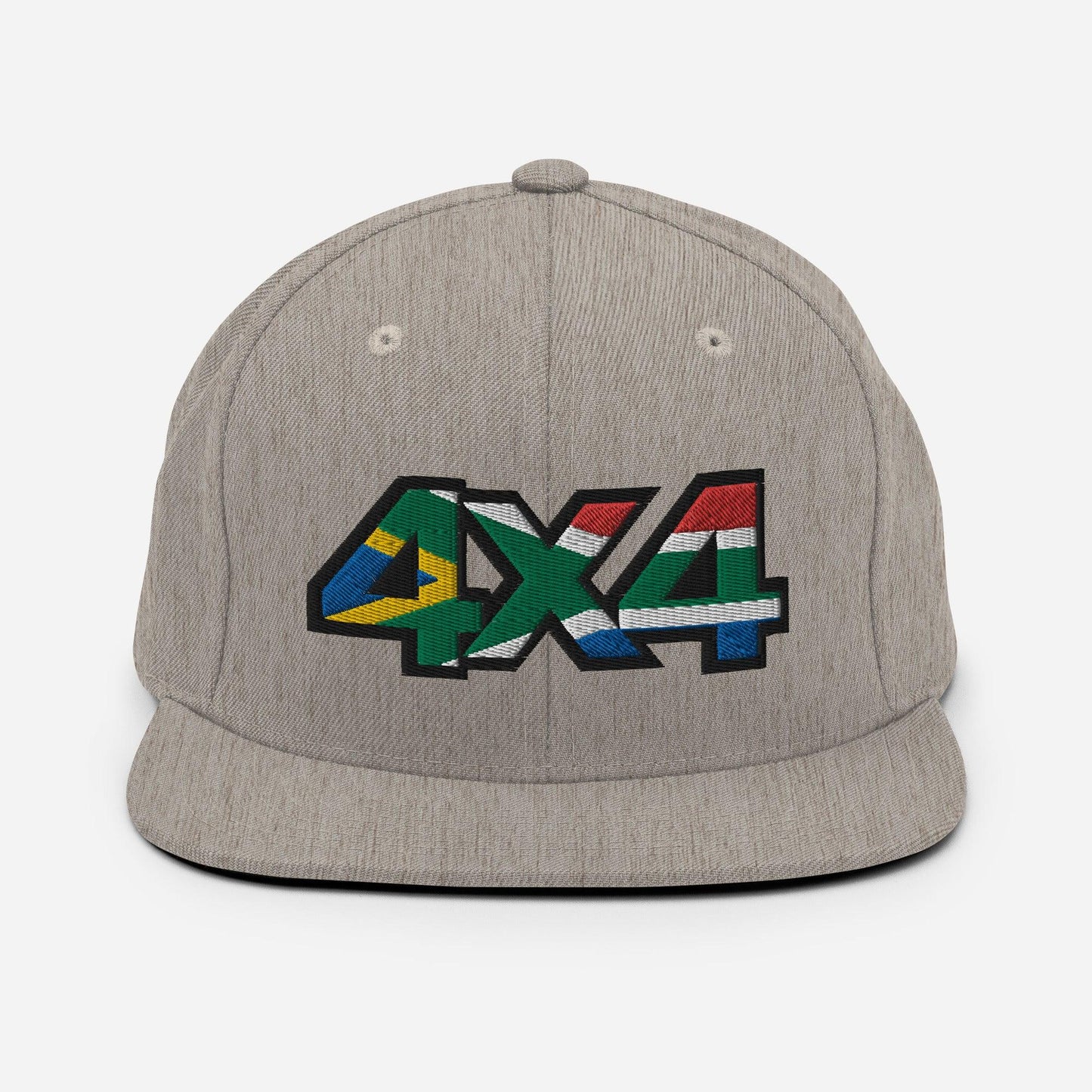 Front view of a heather grey snapback hat with a 4x4 South Africa embroidery