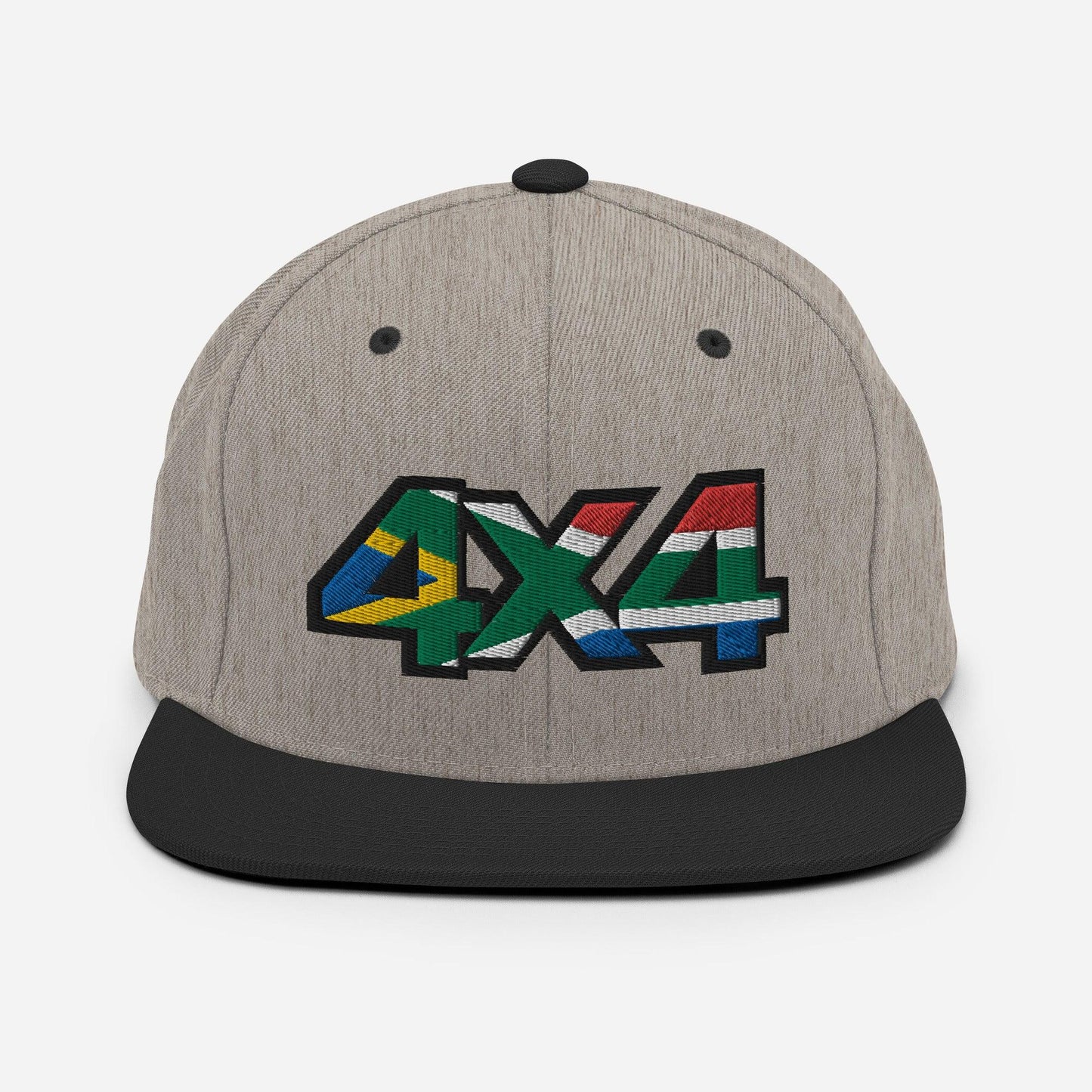 Front view of a heather grey and black snapback hat with a 4x4 South Africa embroidery