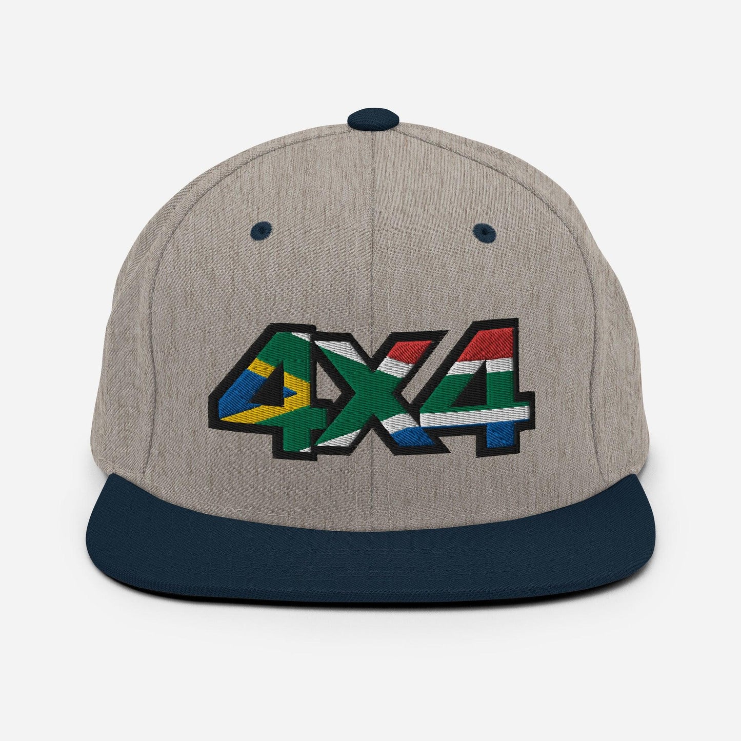 Front view of a heather grey and navy blue snapback hat with a 4x4 South Africa embroidery