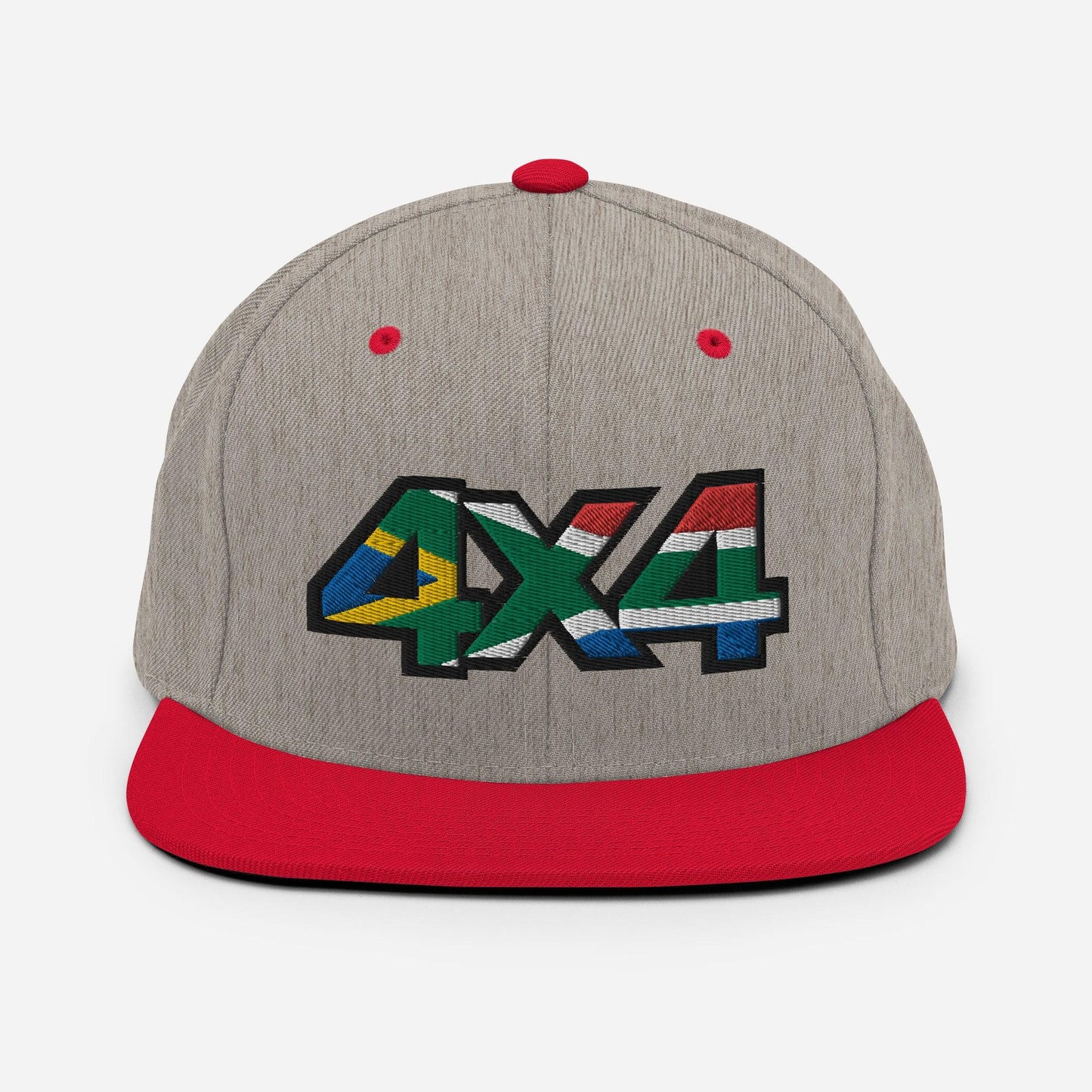 Front view of a heather grey and red snapback hat with a 4x4 South Africa embroidery