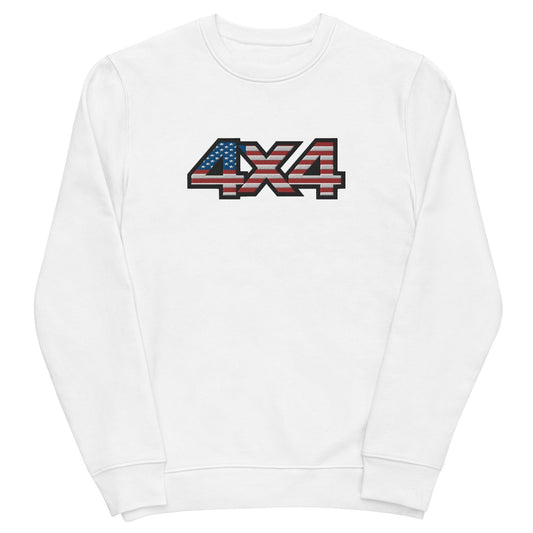 Front view of the white USA Flag 4x4 decal Embroidered Eco Sweatshirt