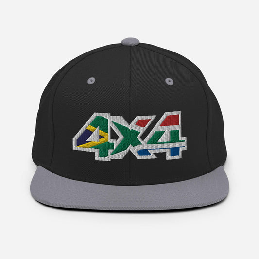 Front view of a black and grey snapback hat with 4x4 South Africa embroidery