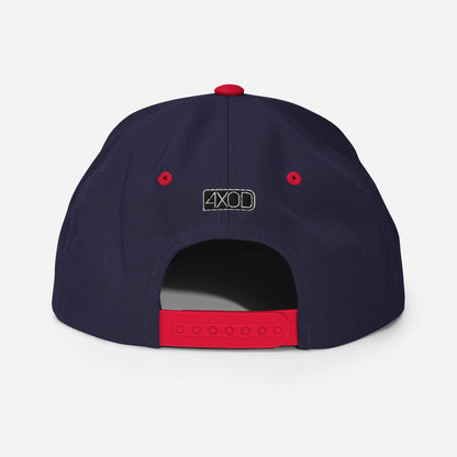 Rear view of a navy and red snapback hat