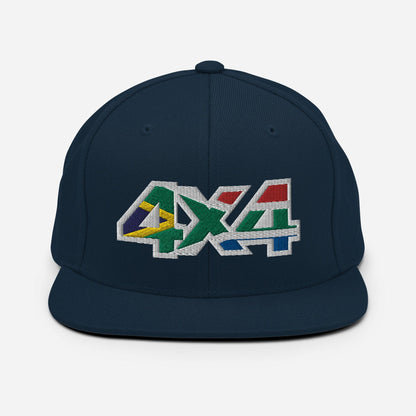 Front view of a navy blue snapback hat with 4x4 South Africa embroidery