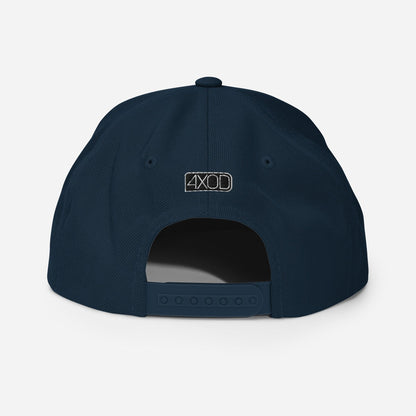 Rear view of a navy blue snapback hat