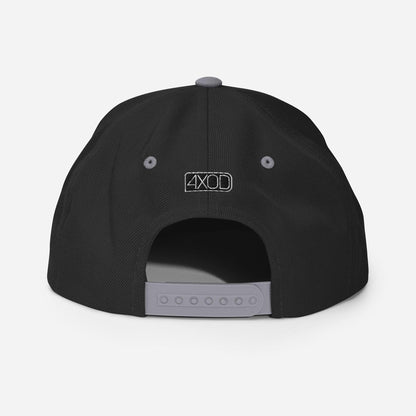 Rear view of a black and grey snapback hat