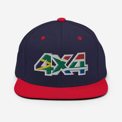 Front view of a navy blue and red snapback hat with 4x4 South Africa embroidery