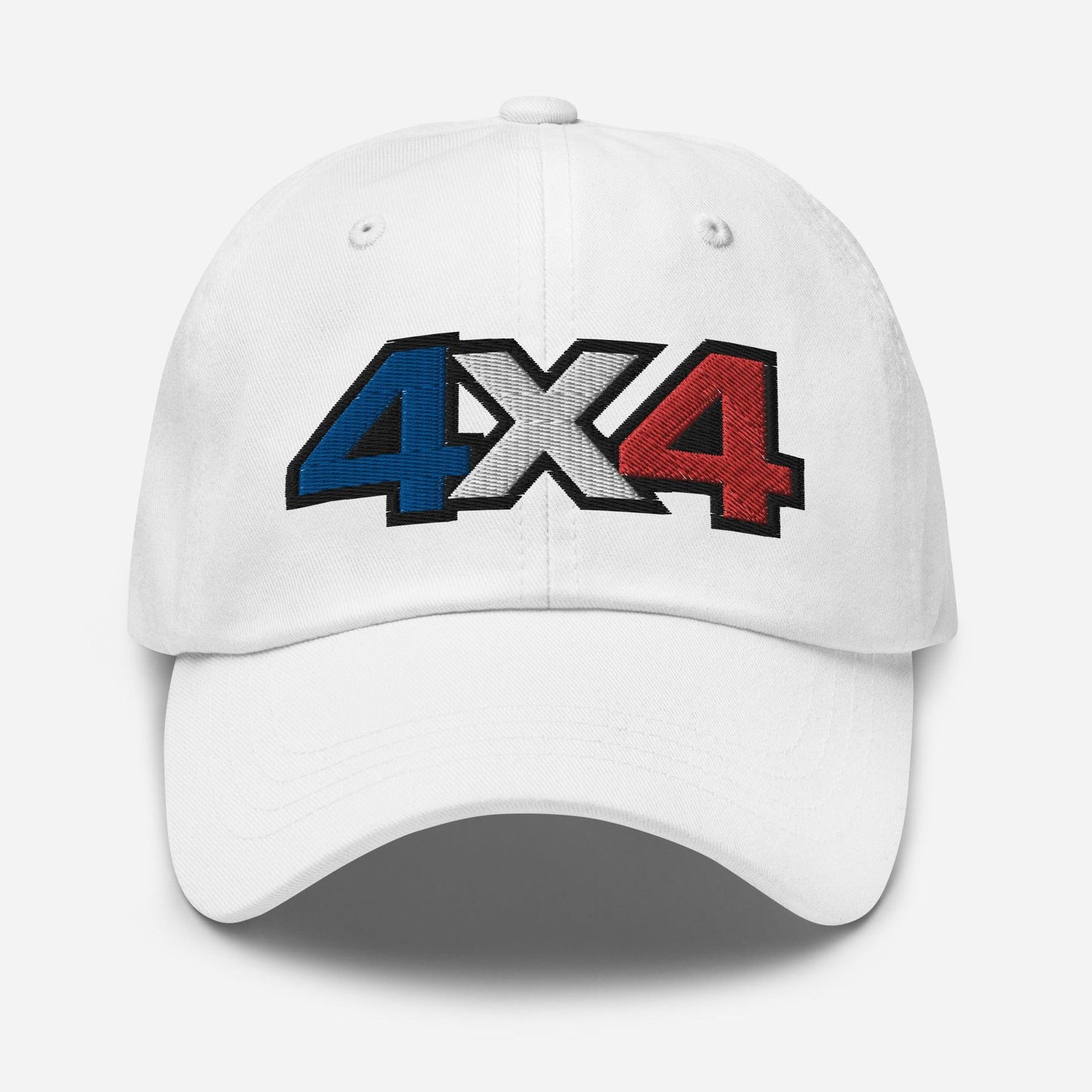 Front view of a white Baseball Cap/Dad Hat with 4x4 France decal Embroidery