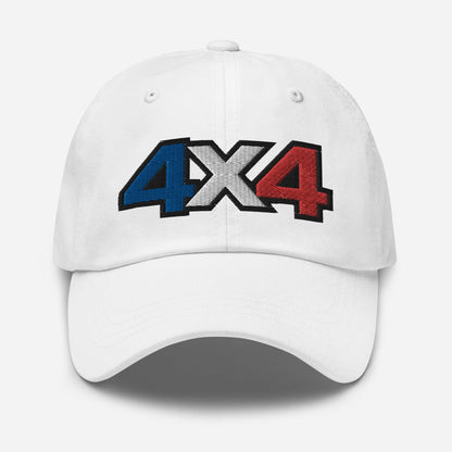 Front view of a white Baseball Cap/Dad Hat with 4x4 France decal Embroidery