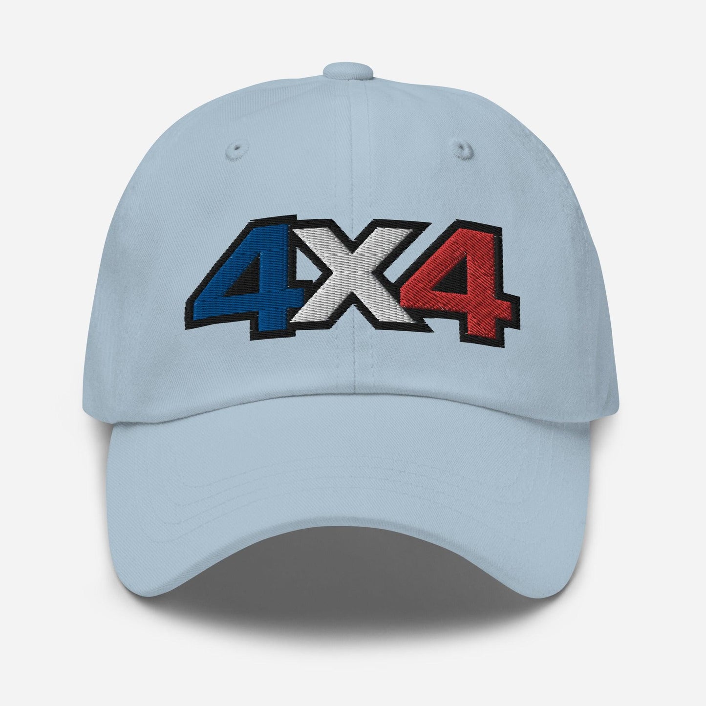 Front view of a light blue Baseball Cap/Dad Hat with 4x4 France decal Embroidery