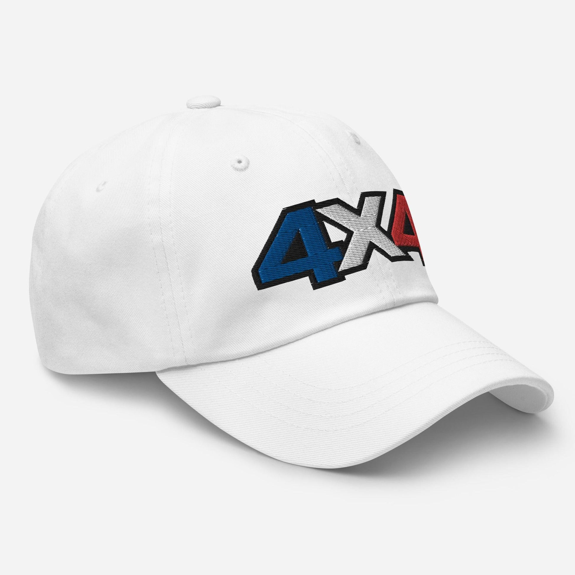 side view of a white Ball Cap/Dad Hat with Embroidery