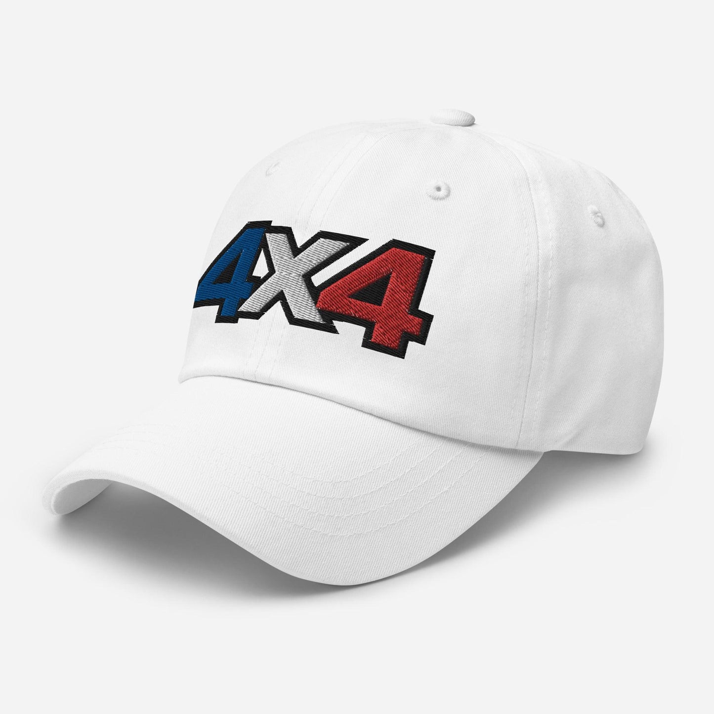 side view of a white Ball Cap/Dad Hat with Embroidery