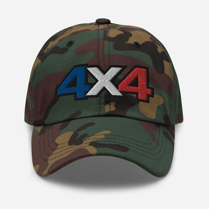 Front view of a camo Baseball Cap/Dad Hat with 4x4 France decal Embroidery