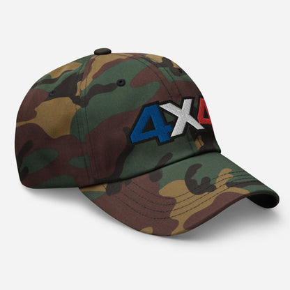 side view of a camo Ball Cap/Dad Hat with Embroidery