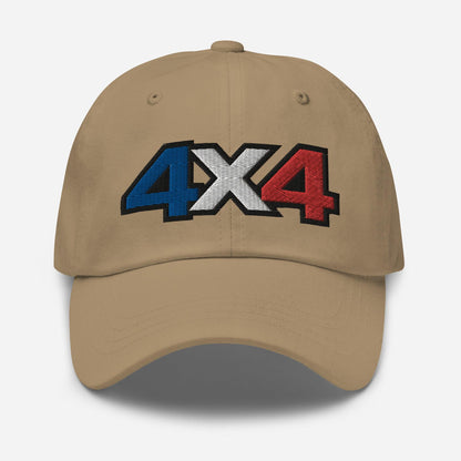 Front view of a khaki Baseball Cap/Dad Hat with 4x4 France decal Embroidery