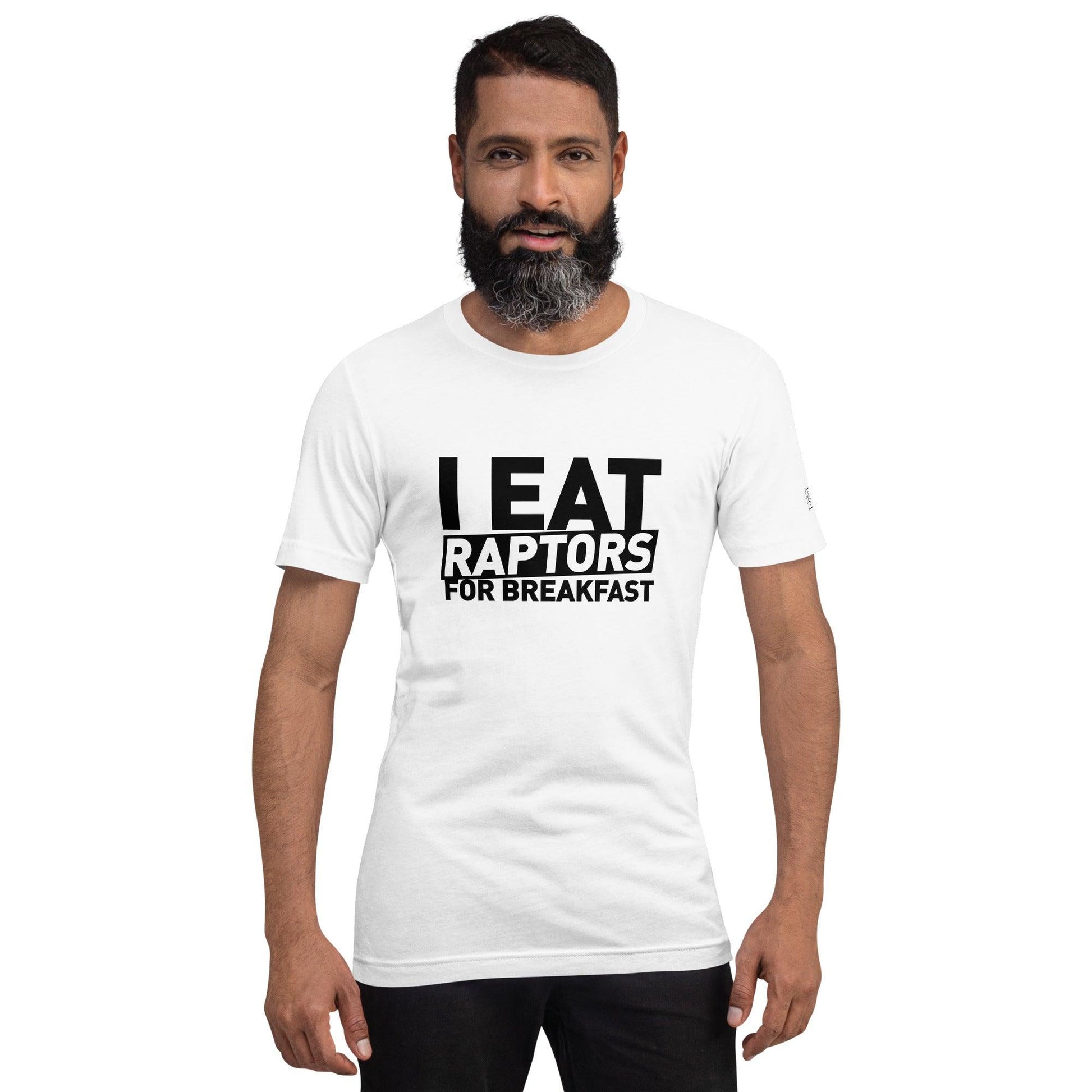 Front view of a man wearing a white t-shirt with a "I Eat Raptors for Breakfast" print