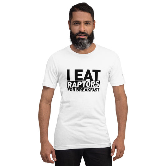 Front view of a man wearing a white t-shirt with a "I Eat Raptors for Breakfast" print