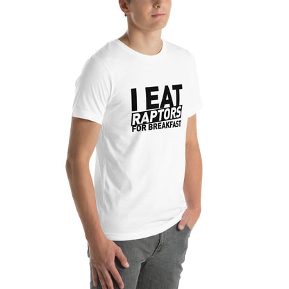 Side view of a man wearing a white t-shirt with a "I Eat Raptors for Breakfast" print