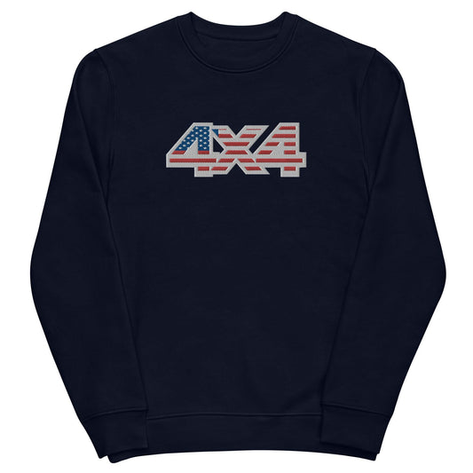 Front view of a navy blue USA Flag 4x4 decal Embroidered Eco Sweatshirt