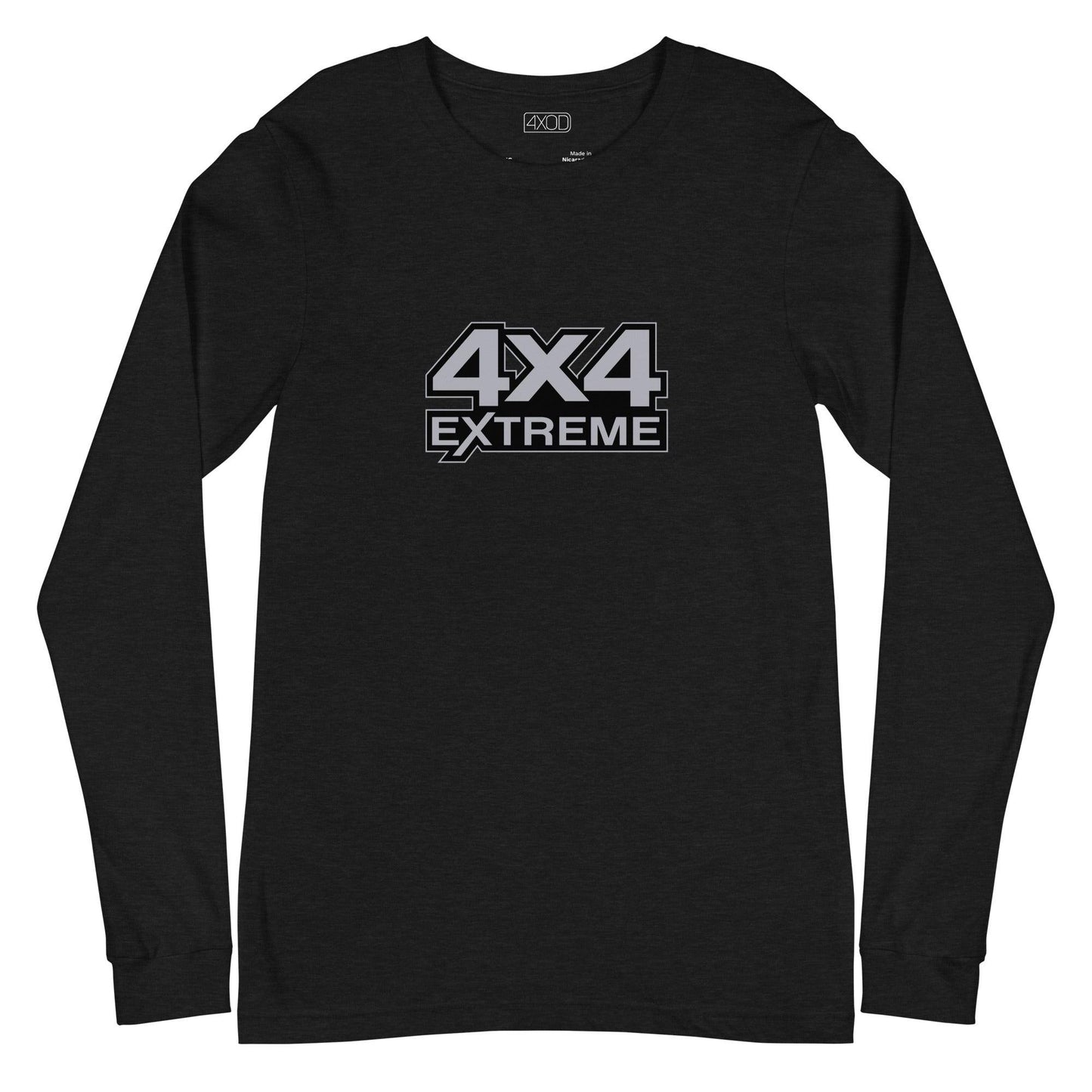 Black heather long sleeve t-shirt with a silver 4x4 Extreme print on the front