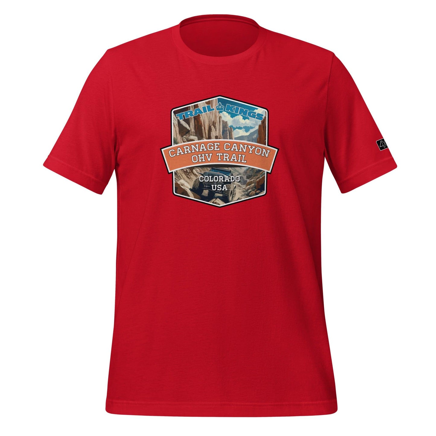 Front view of the Carnage Canyon OHV Trail - Unisex t-shirt in red