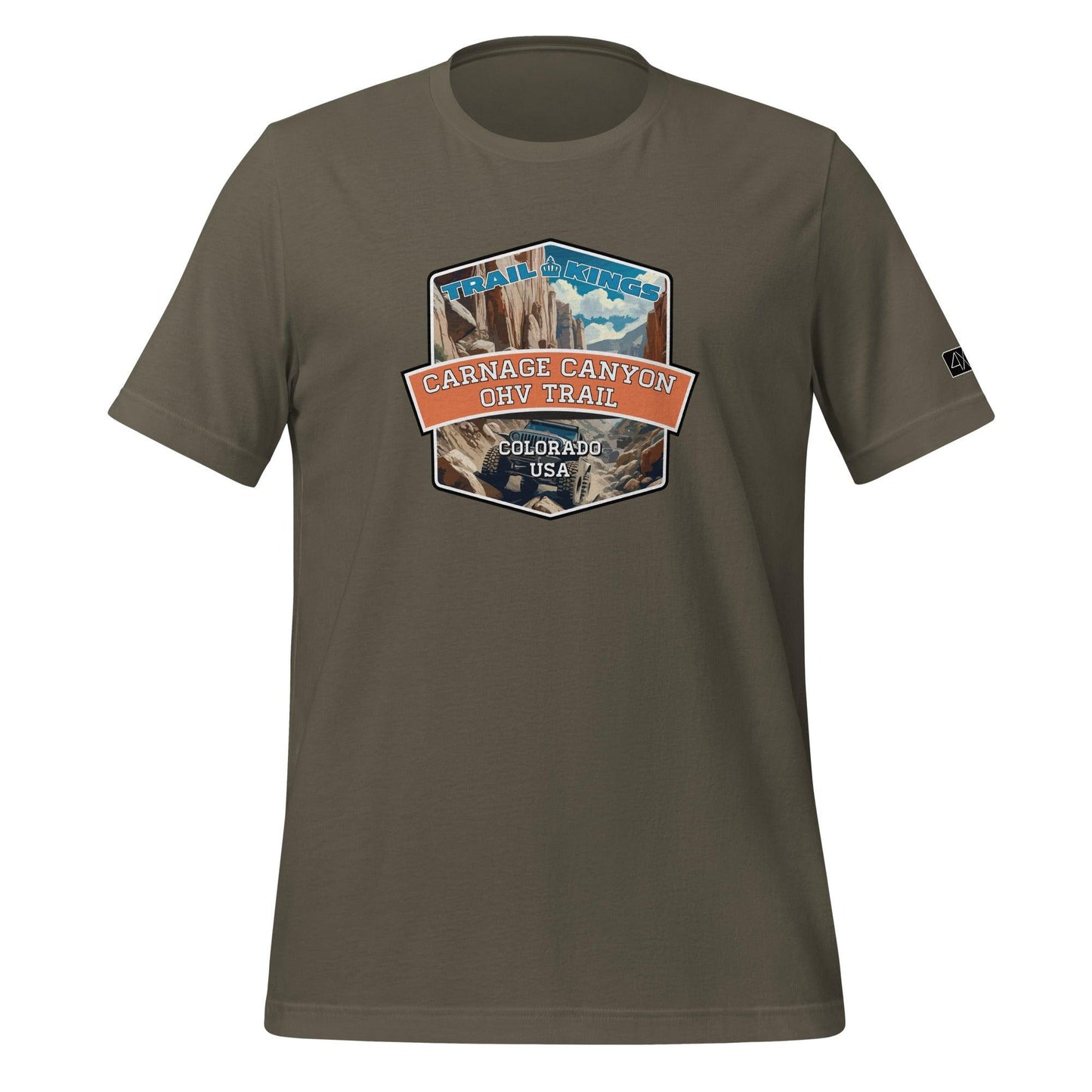 Front view of the Carnage Canyon OHV Trail - Unisex t-shirt in army