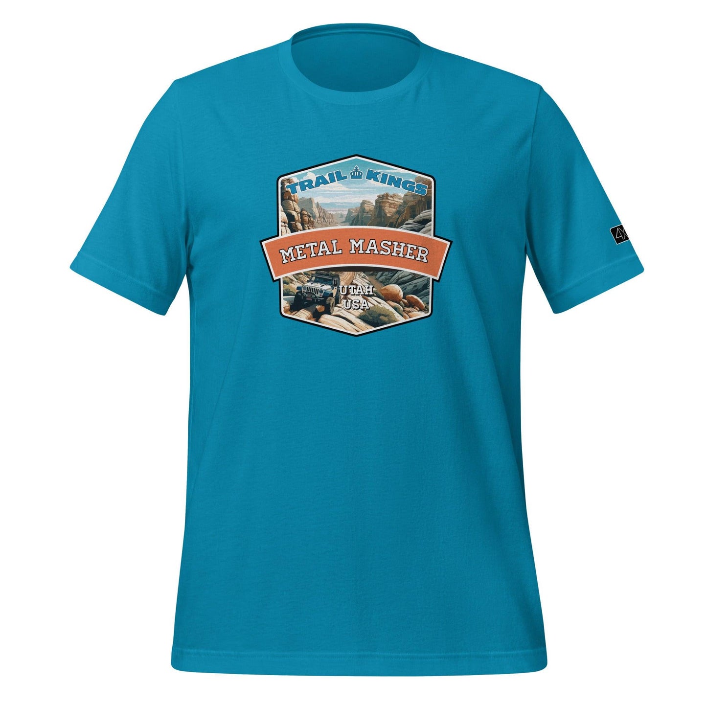 Front view of the Metal Masher Unisex t-shirt in aqua