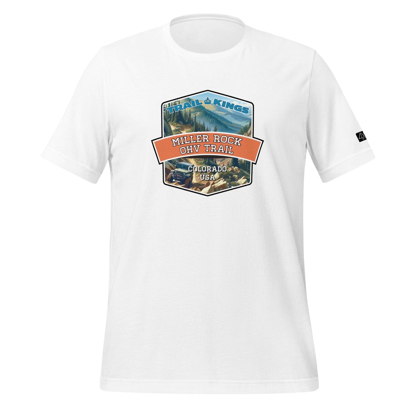 Front view of the Miller Rock OHV Trail Unisex t-shirt in white