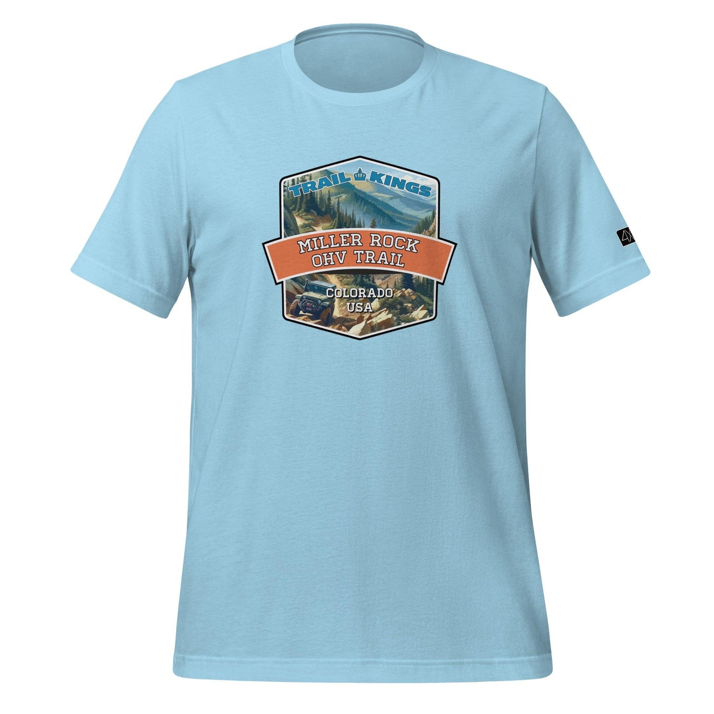 Front view of the Miller Rock OHV Trail Unisex t-shirt in ocean blue