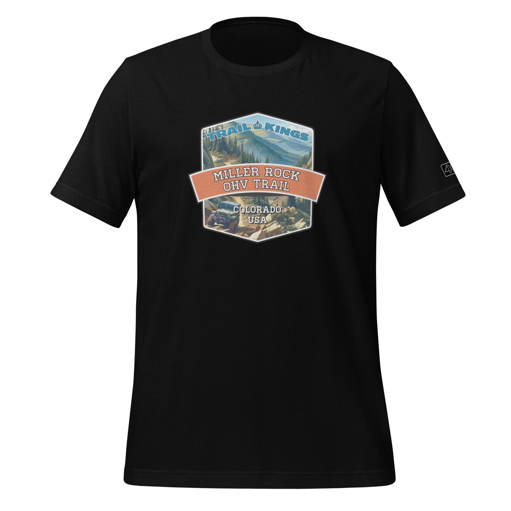 Front view of the Miller Rock OHV Trail Unisex t-shirt in black