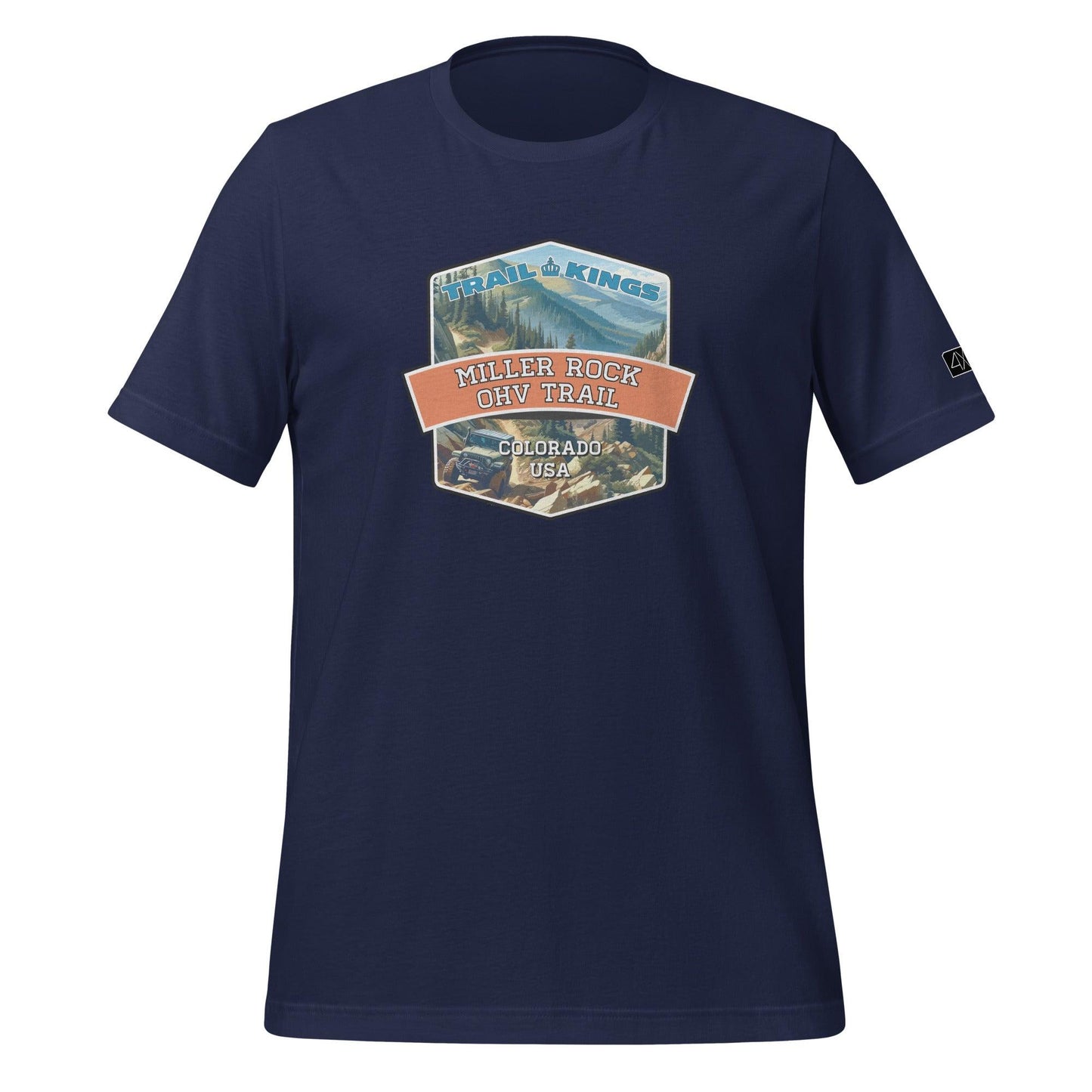 Front view of the Miller Rock OHV Trail Unisex t-shirt in navy