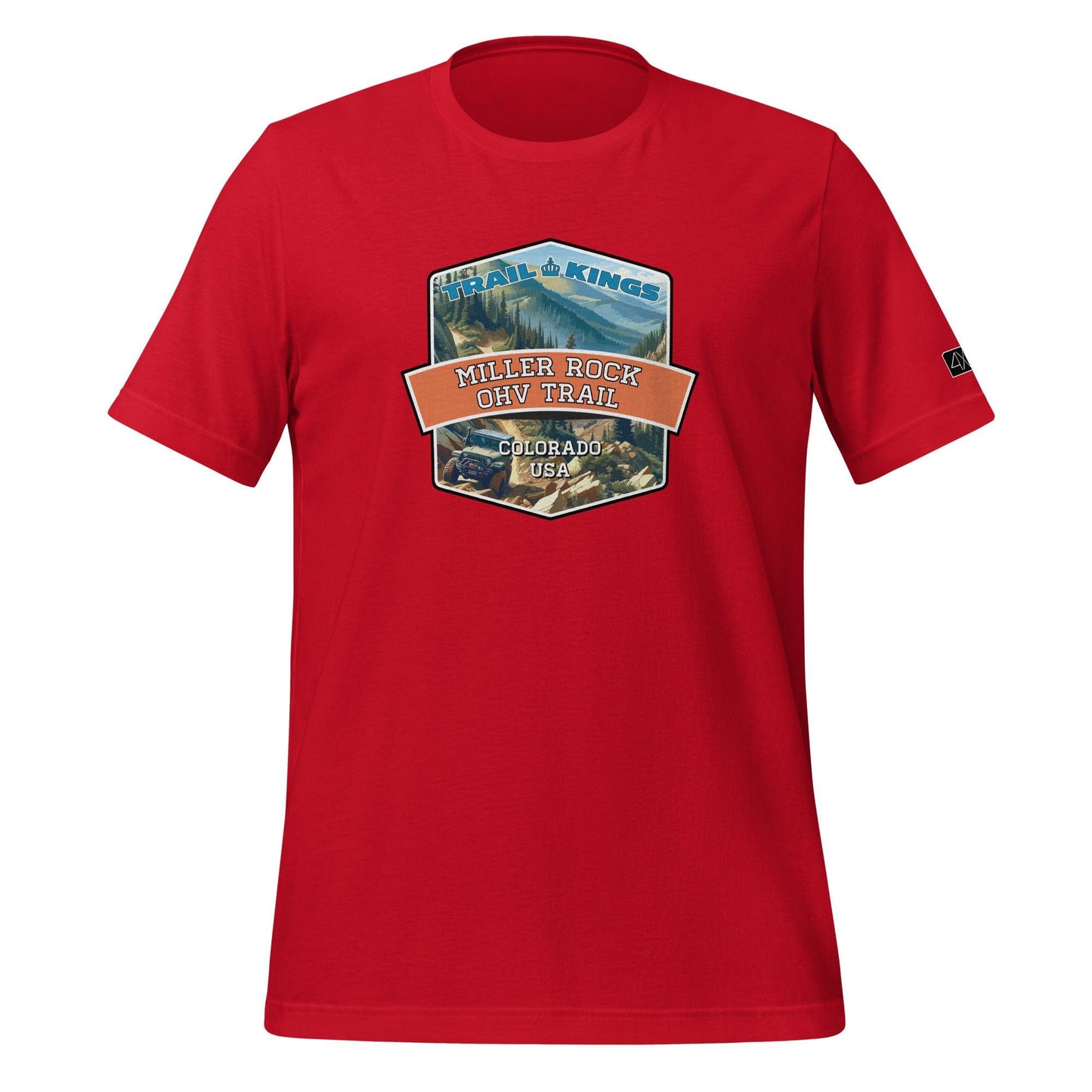 Front view of the Miller Rock OHV Trail Unisex t-shirt in red