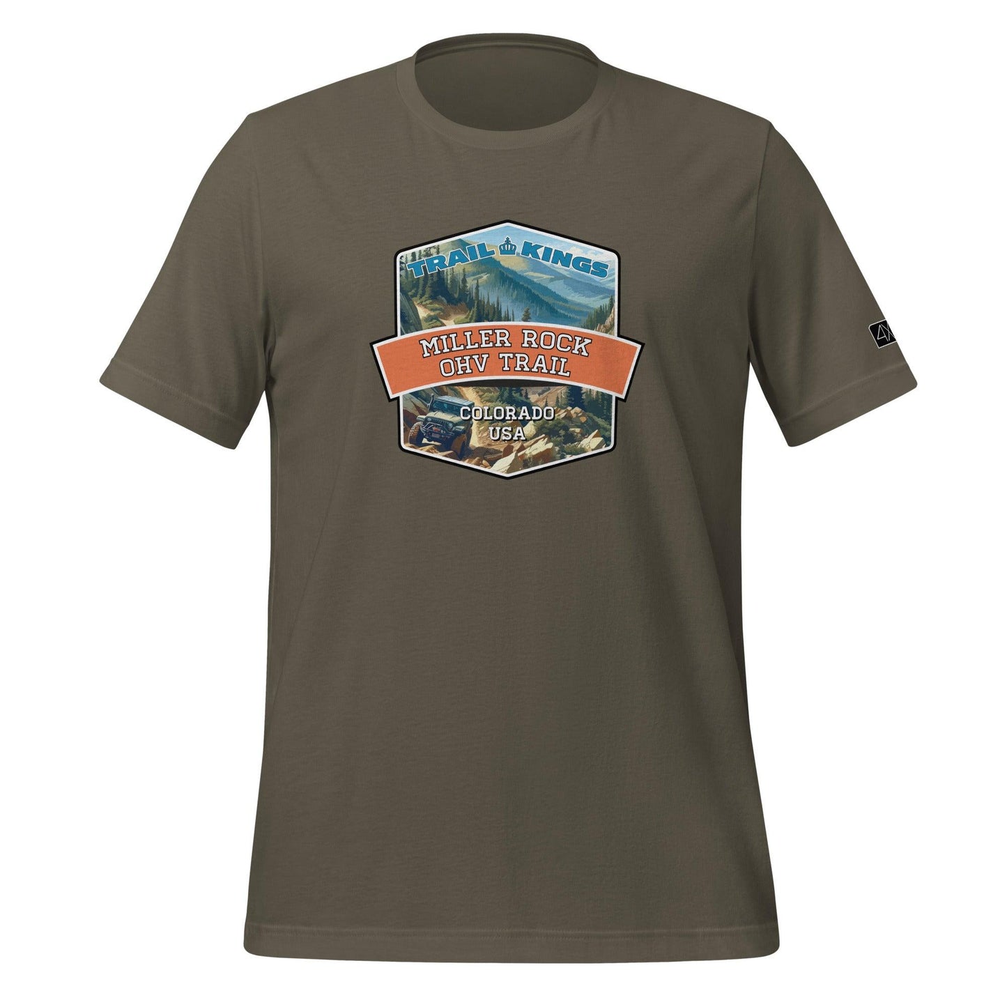 Front view of the Miller Rock OHV Trail Unisex t-shirt in army