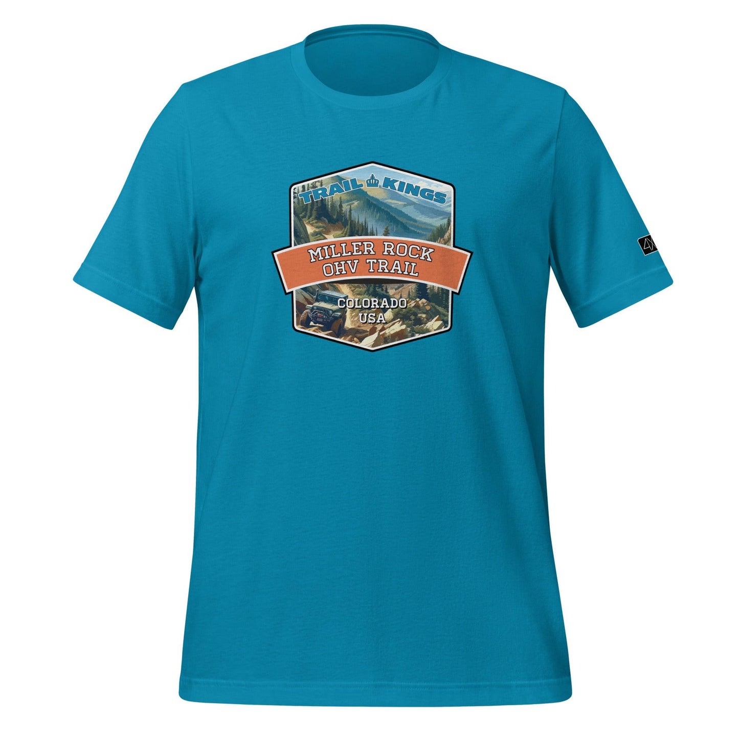 Front view of the Miller Rock OHV Trail Unisex t-shirt in aqua