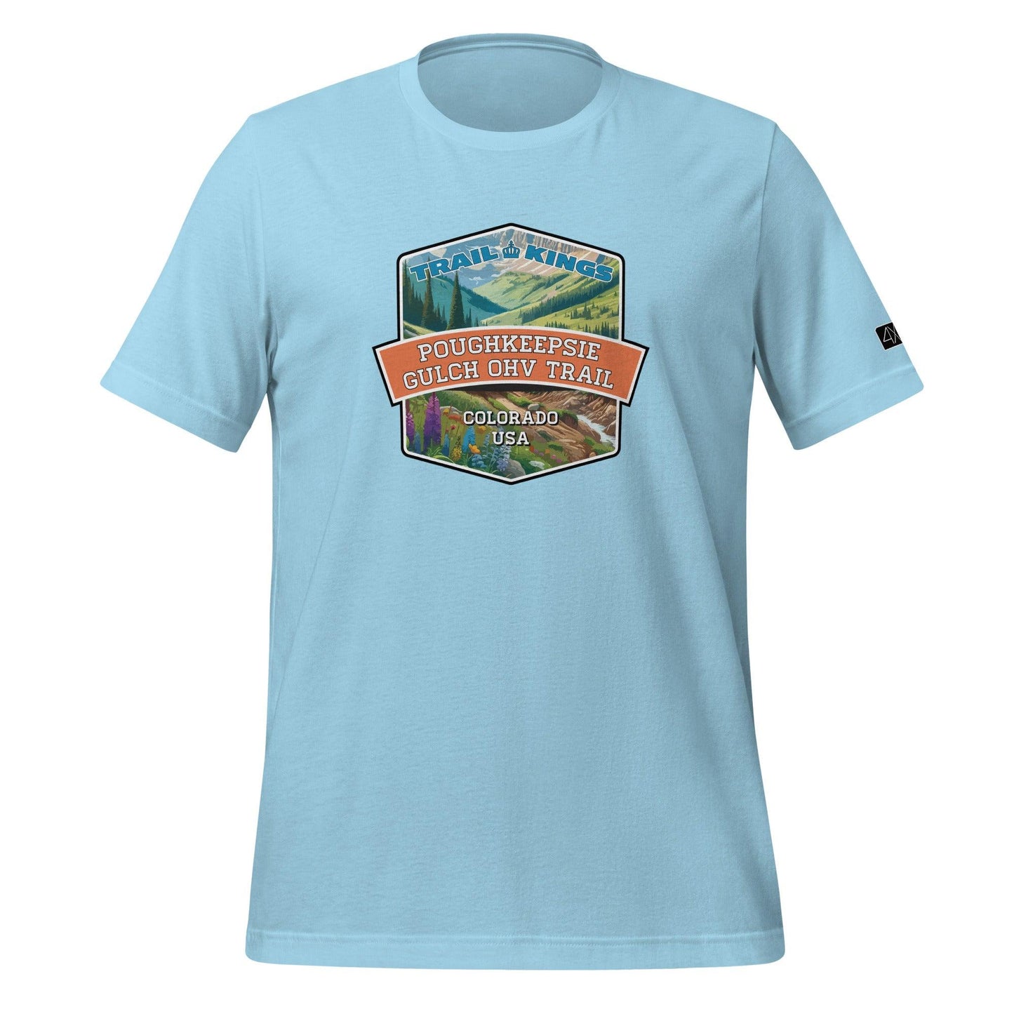 Front view of the Poughkeepsie Gulch OHV Trail Unisex t-shirt in ocean blue