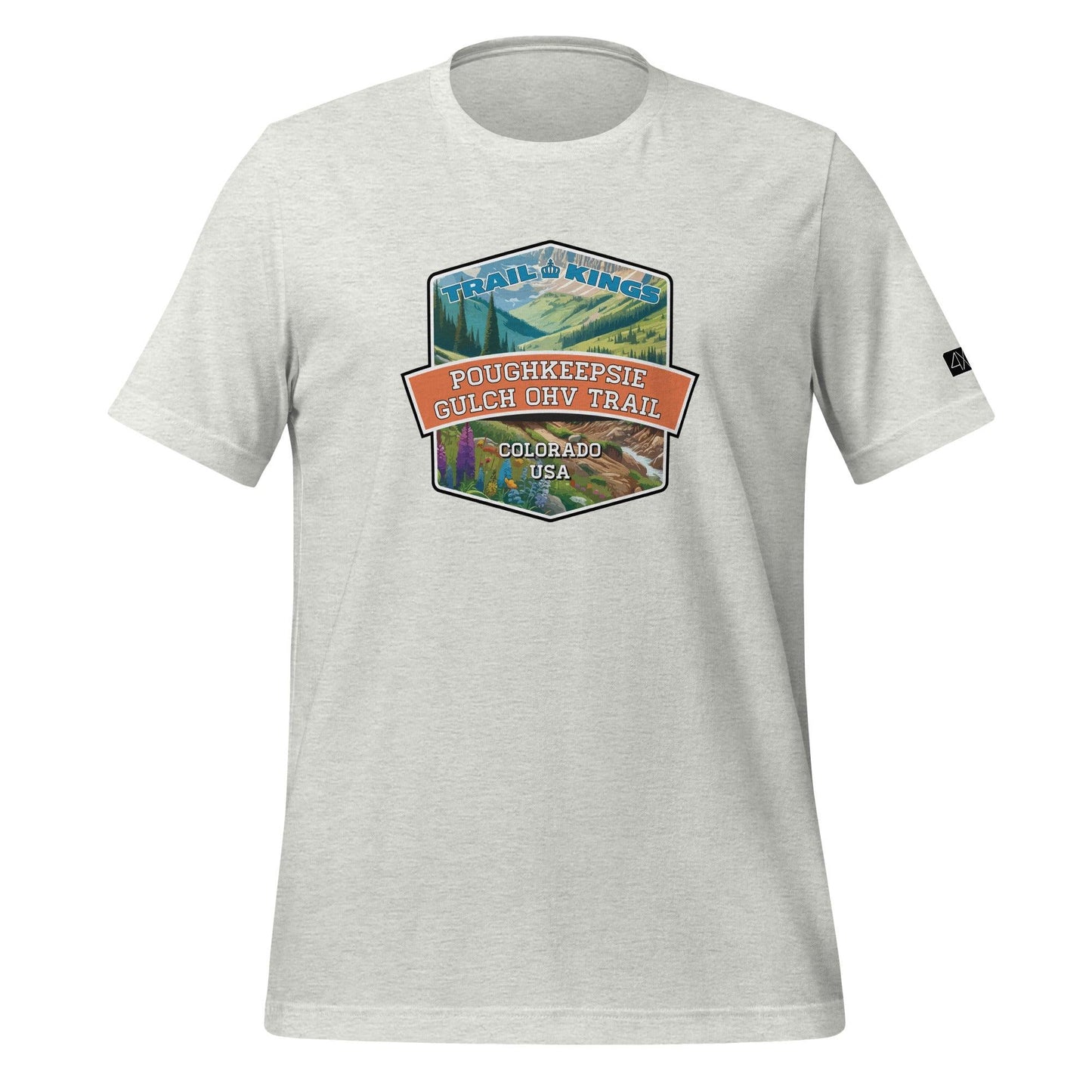 Front view of the Poughkeepsie Gulch OHV Trail Unisex t-shirt in ash